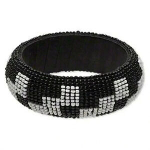 Handcrafted India Beaded Bangle Bracelet Black White Checked Pattern Fair Trade